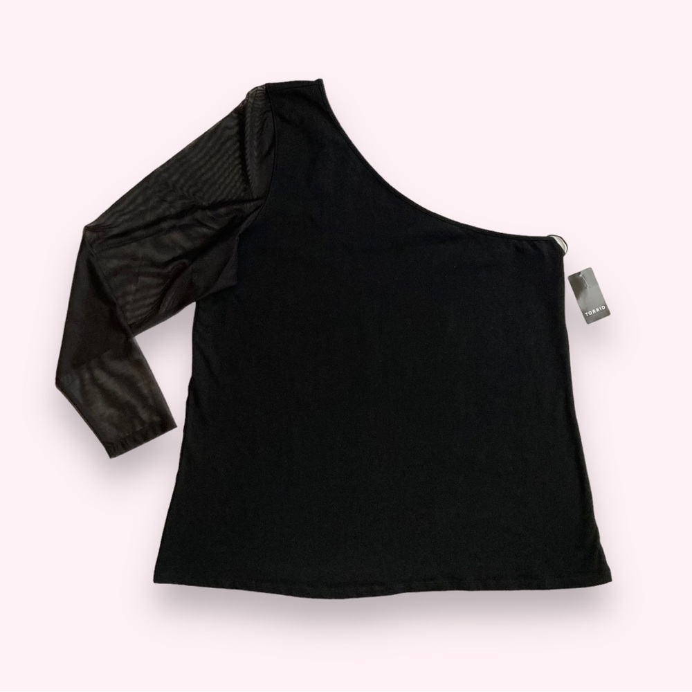 NWT Torrid Women's one shoulder sheer mesh sleeve black top, Sz 3X - Picture 2 of 14
